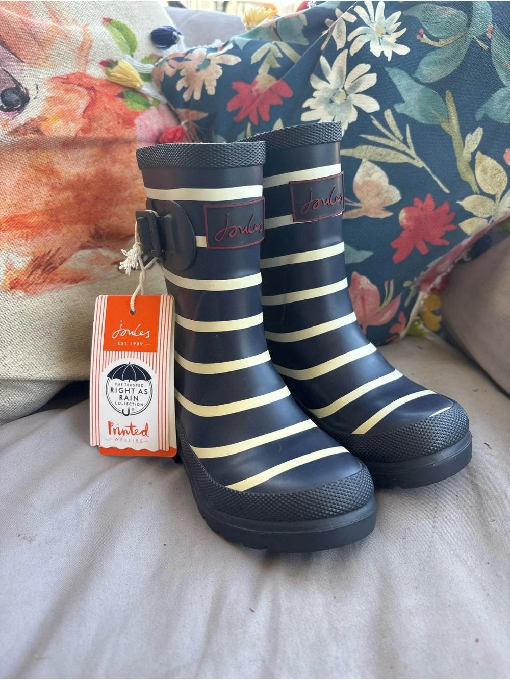Joules Kids Navy and Cream Striped Rain Boots